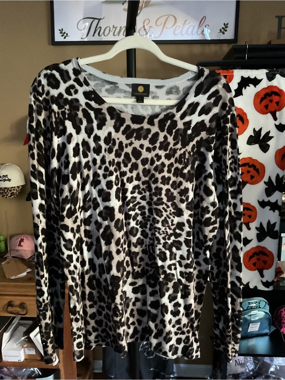 Karen Scott Black & White Leopard Print Scoop Neck Sweater